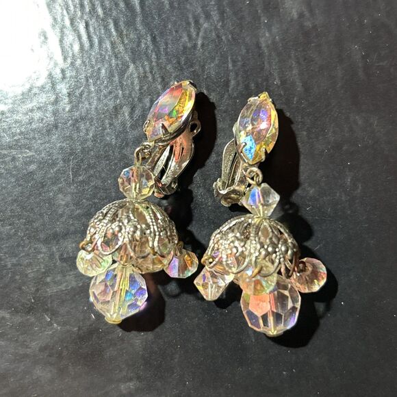 Vintage Lewis Segal 1-1/2” Chandelier Dangle Earrings Clip On Aurora Borealis AB - Picture 2 of 7